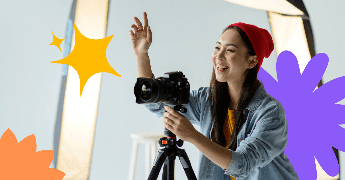 A woman filming an ad with a camera on a tripod